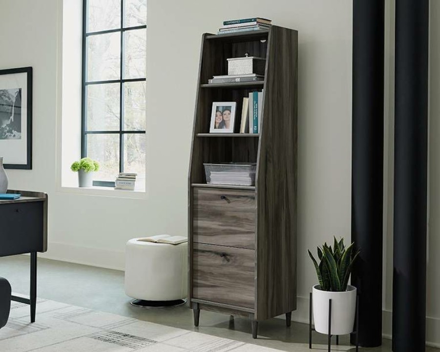 Bookcases & Shelves * | Clearance Modern 3-Shelf Narrow Bookcase With Drawers In Jet Acacia Sauder 428187