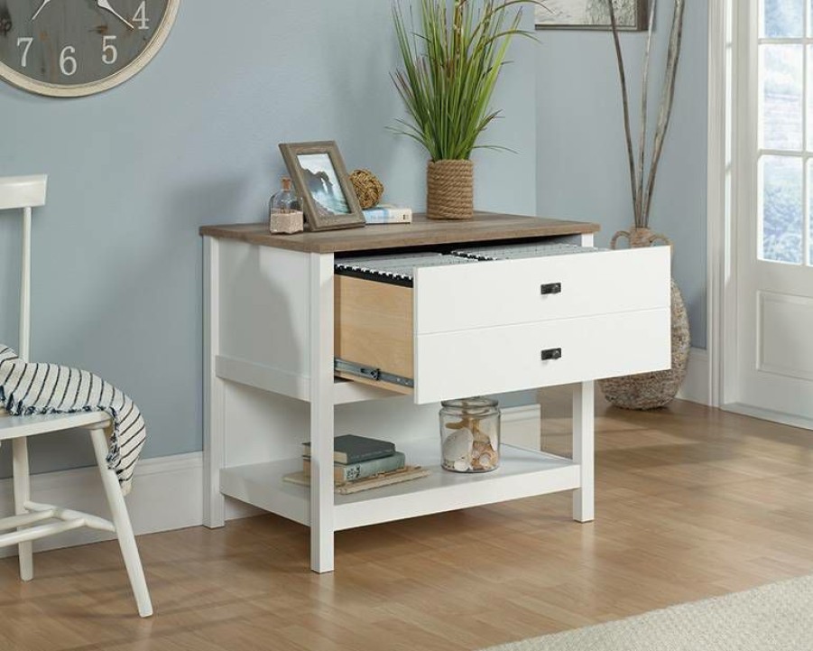 Filing Cabinets * | New Arrivals White Lateral File Cabinet With Wood Accent Sauder 427307