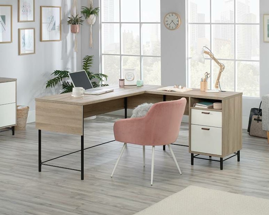 Desks * | Fashion Oak Finish L-Shaped Desk With White Accents Sauder 427707