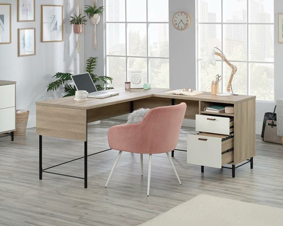 Desks * | Fashion Oak Finish L-Shaped Desk With White Accents Sauder 427707