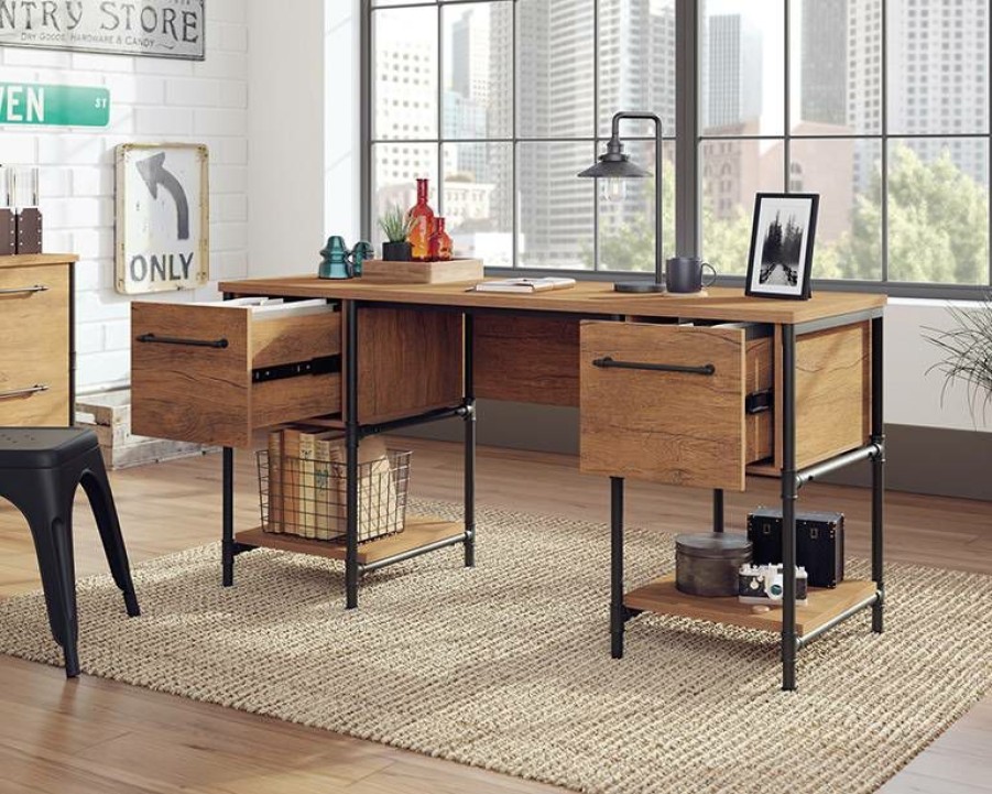 Desks * | Fashionable Iron City Desk In Checked Oak Sauder 427134