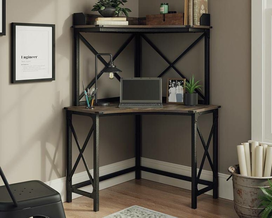 Desks * | Clearance Steel River Corner Computer Desk And Hutch In Carbon Oak Sauder 429622