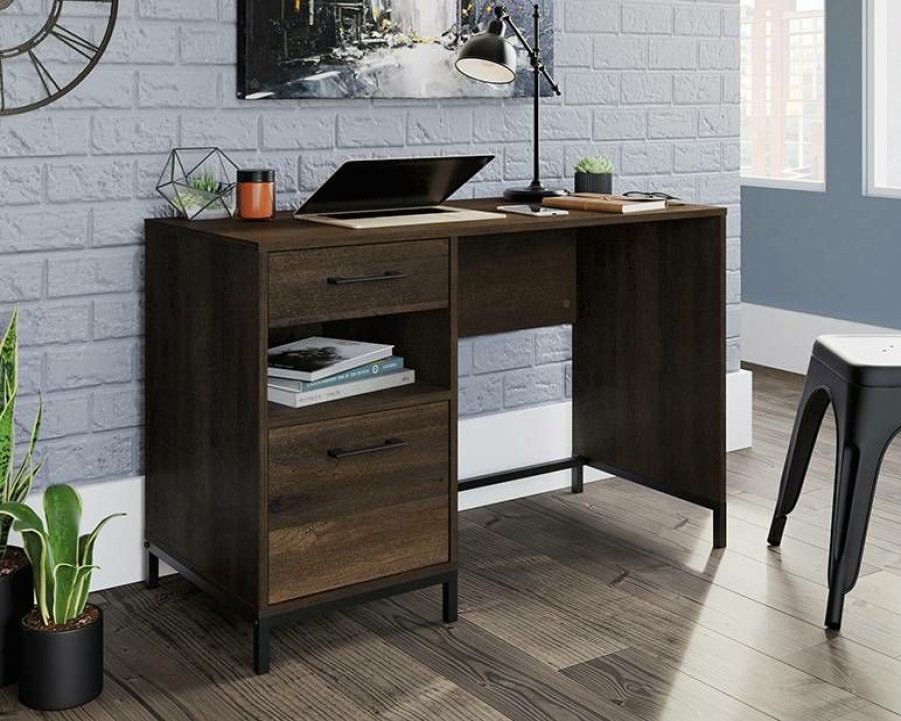 Desks * | Popular Pedestal Home Office Desk In Smoked Oak Sauder 427656