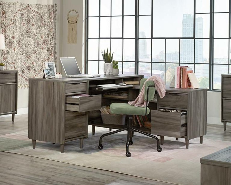 Desks * | Store Modern L-Shaped Desk With Storage In Jet Acacia Sauder 429503