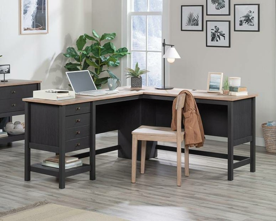 Desks * | Reliable Quality L-Shaped Desk With Drawers In Raven Oak Sauder 431264