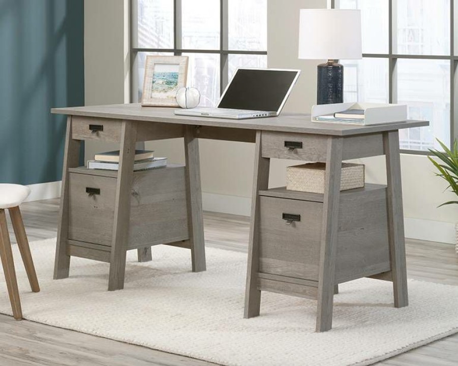 Desks * | Promotion Trestle Executive Desk With Drawers In Mystic Oak Sauder 433199