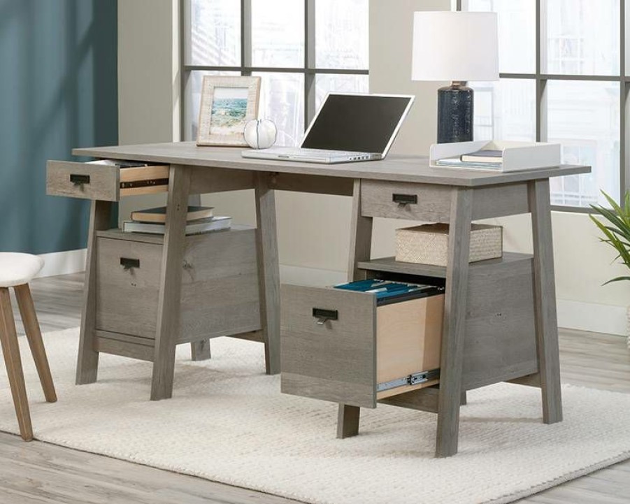 Desks * | Promotion Trestle Executive Desk With Drawers In Mystic Oak Sauder 433199