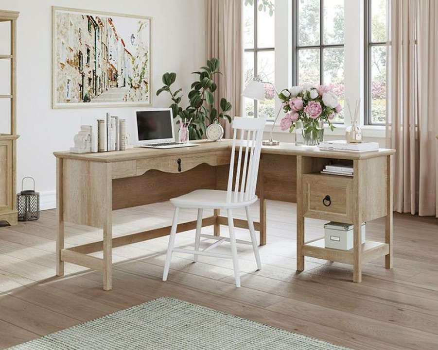 Desks * | Hot Selling Orchard Oak L-Shaped Desk With File Drawer Sauder 425128