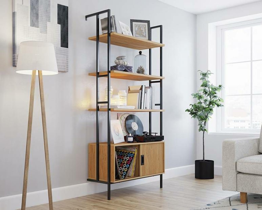 Bookcases & Shelves * | Quick Delivery New Hyde Wall-Mounted Bookcase With Door In Serene Walnut Sauder 426436