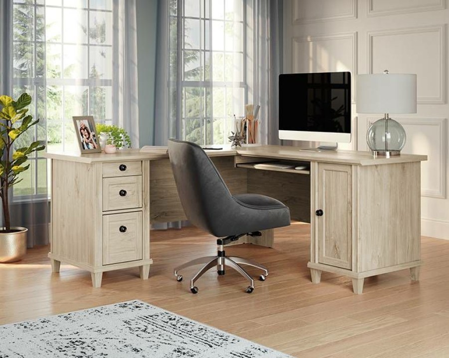 Desks * | Hot Selling Chalk Oak L-Shaped Desk With Cord Management Sauder 428243