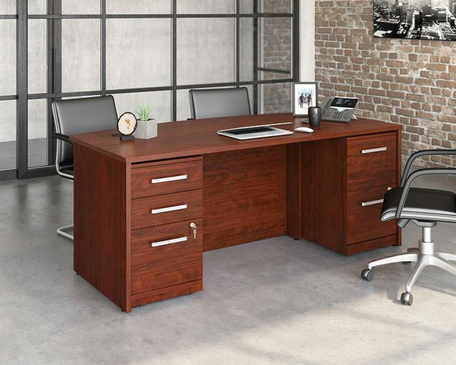 Desks * | Clearance Affirm 72 X 36 3-File Double Ped Bowfront Desk In Classic Cherry Sauder 430217