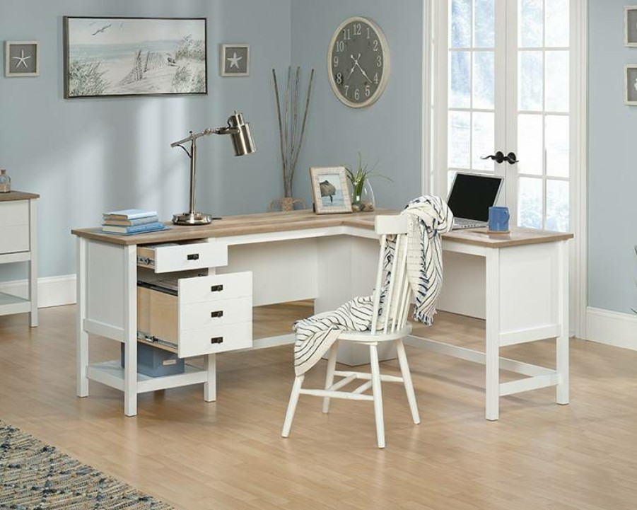 Desks * | High Quality Cottage Road L Desk Sw In Soft White Sauder 428225