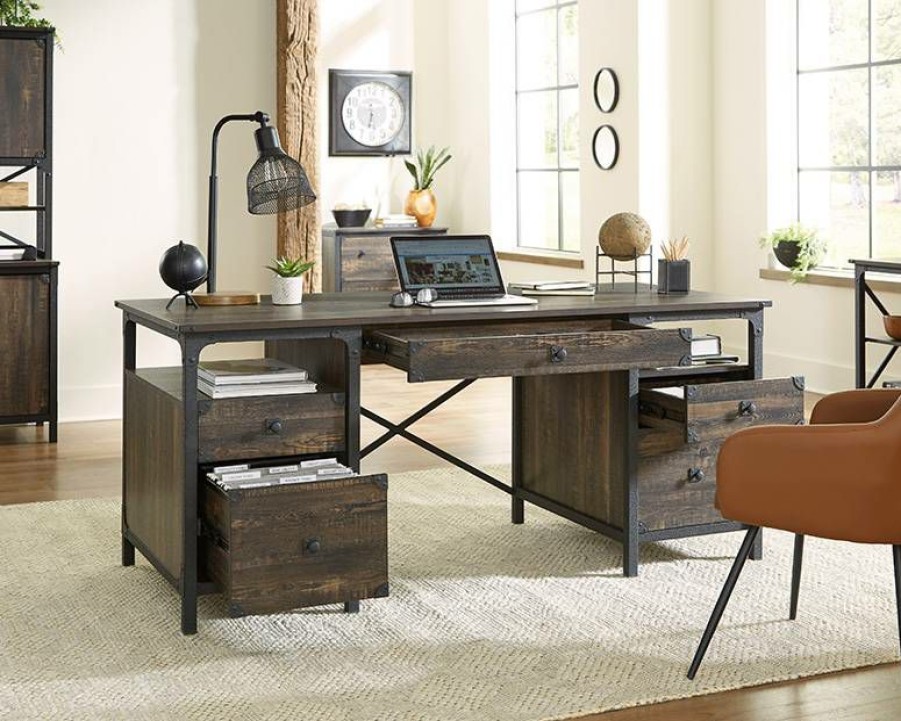 Desks * | Fashionable Steel River Industrial Desk With Drawers In Carbon Oak Sauder 427854