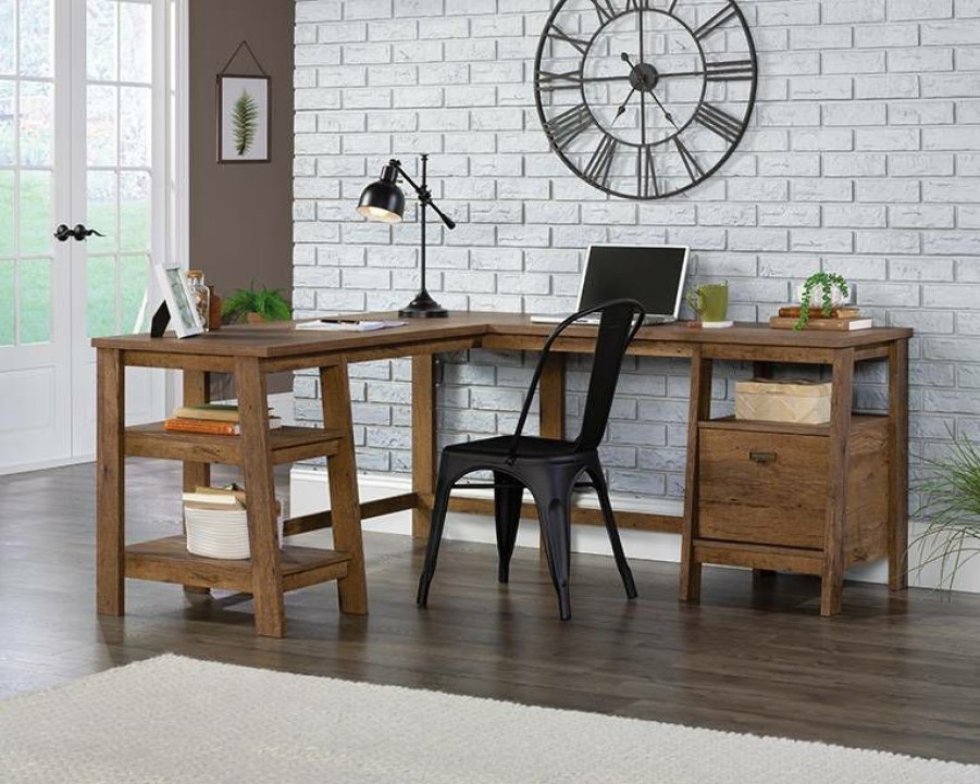 Desks * | Less Expensive L-Shaped Trestle Desk In Vintage Oak Sauder 428834