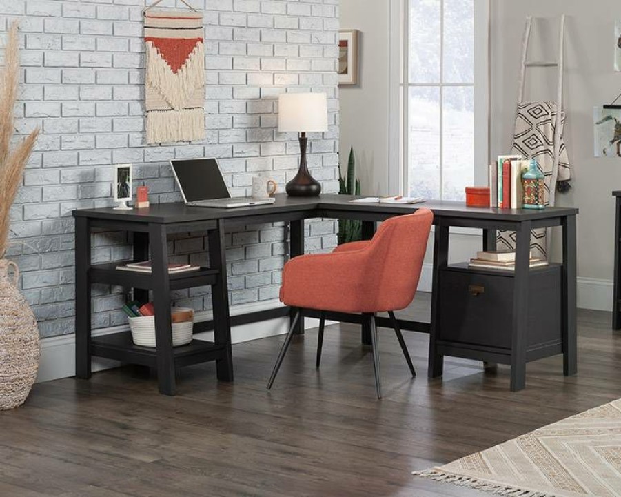 Desks * | Best Price L-Shaped Trestle Desk In Raven Oak Sauder 428832