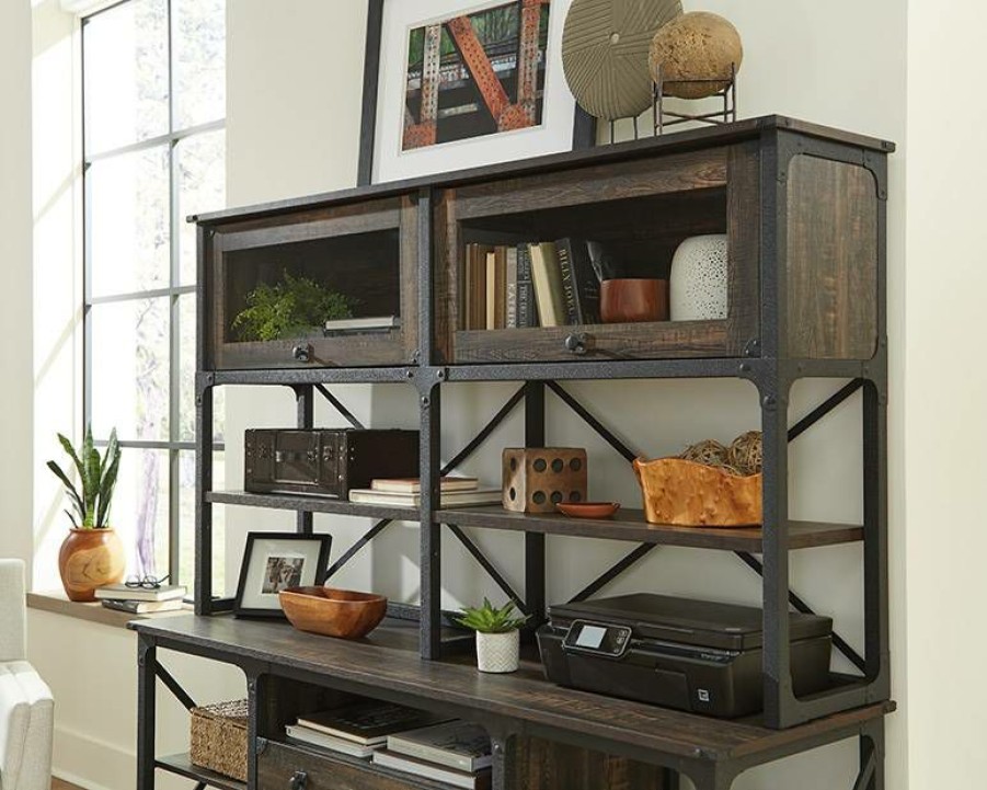 Desks * | Special Style Steel River Industrial Hutch For Credenza Or L-Desk In Carbon Oak Sauder 427852