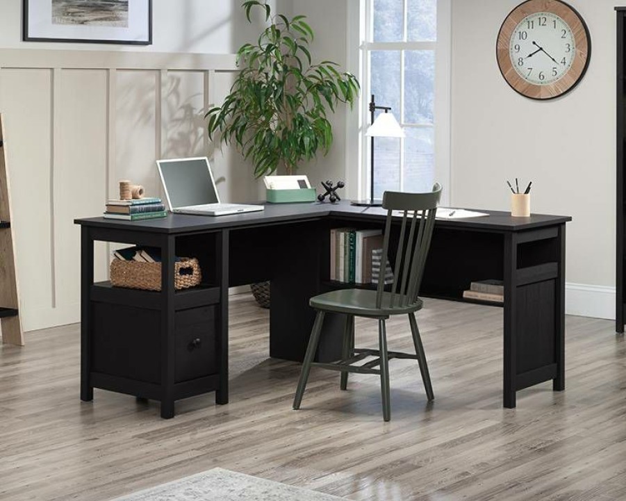 Desks * | Fashion Dawson Trail Modern L-Shaped Desk In Raven Oak Sauder 427419