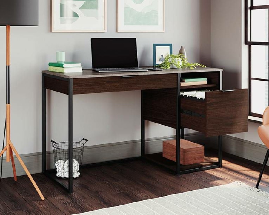 Desks * | Shop International Lux Single Pedestal Home Office Desk Umber Wood Sauder 430877