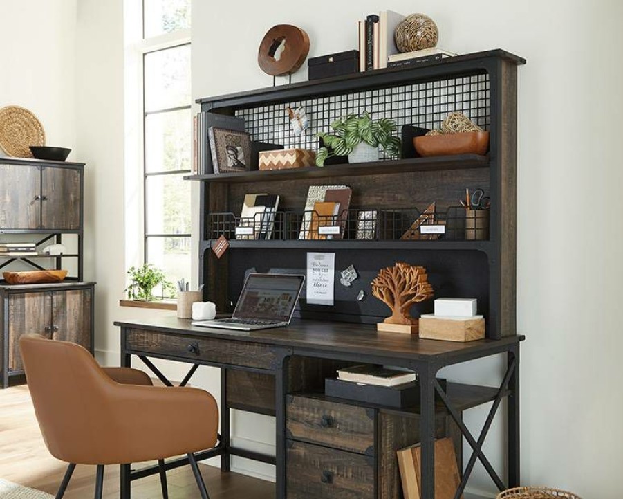 Desks * | Classical Industrial Desktop Hutch In Carbon Oak Sauder 427850