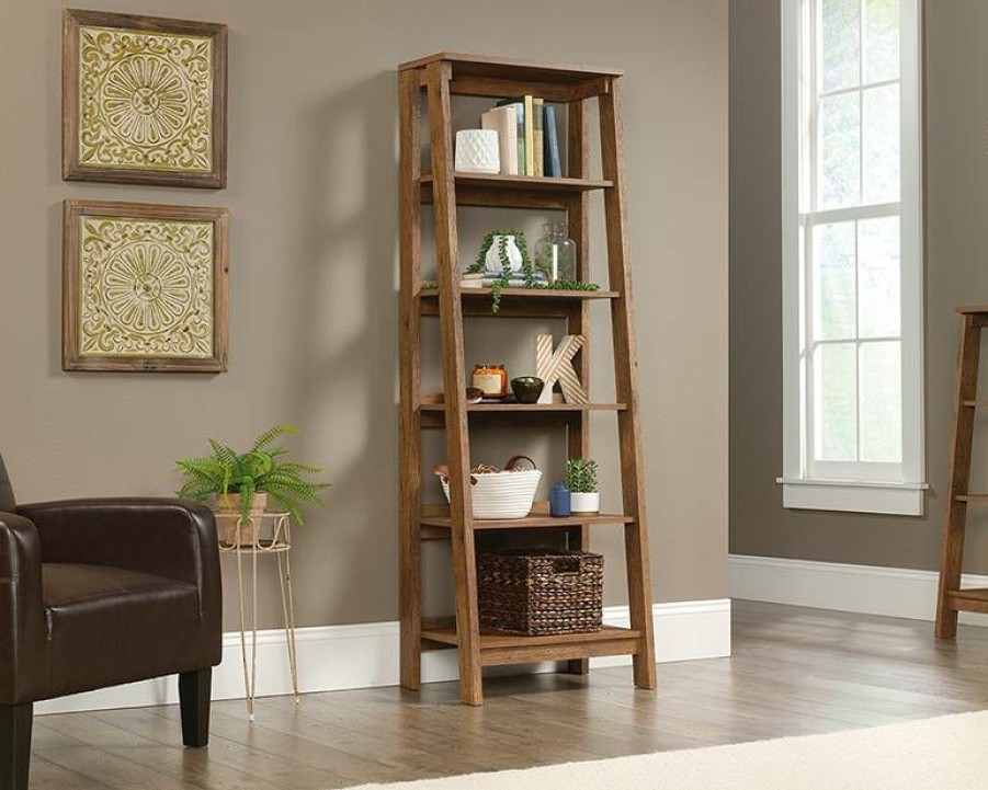 Bookcases & Shelves * | Best Quality Trestle 5-Shelf Bookcase In Vintage Oak Sauder 424121