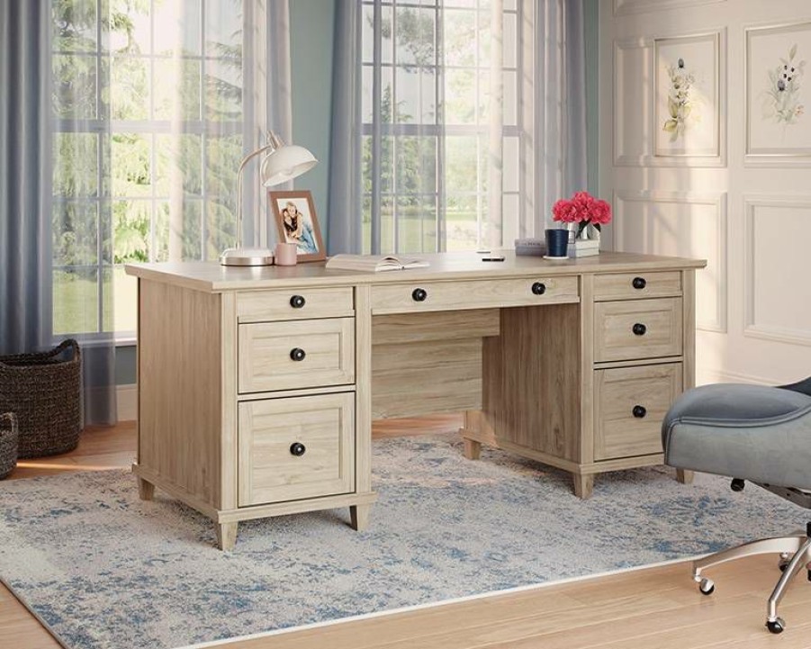 Desks * | New Executive Double Pedestal Desk In Chalk Oak Sauder 428246