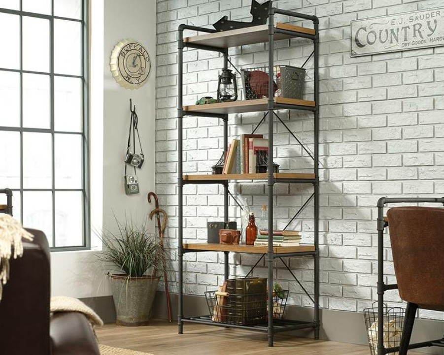 Bookcases & Shelves * | Outlet Sale Iron City Tall Bookcase In Checked Oak Sauder 423504